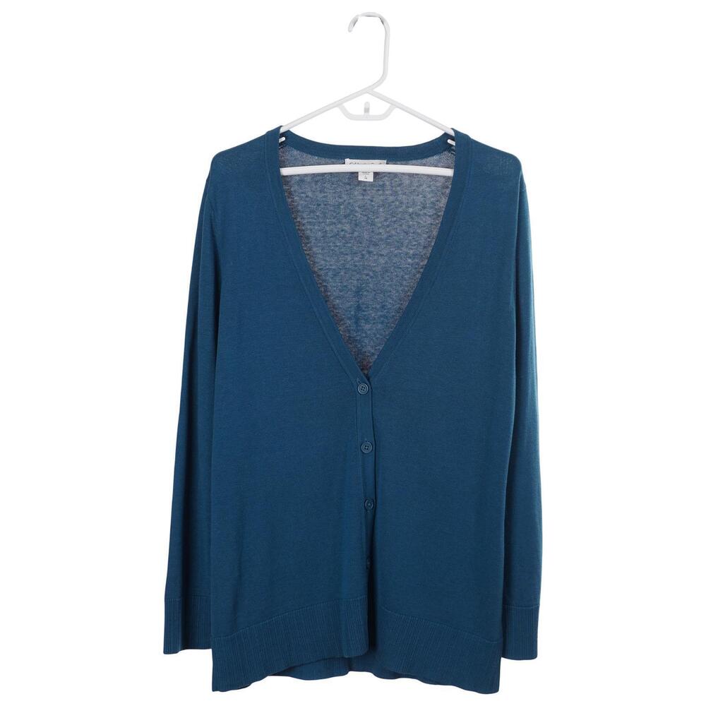 Coldwater Creek Cardigan L Blue Silk Cotton Knit Deep V-Neck Long Sleeve Sweater